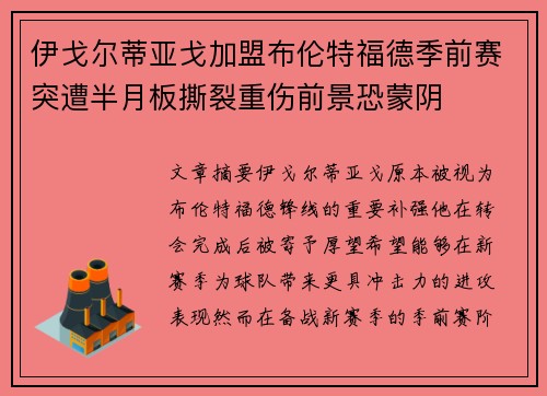 伊戈尔蒂亚戈加盟布伦特福德季前赛突遭半月板撕裂重伤前景恐蒙阴 伊戈尔蒂亚戈加盟布伦特福德季前赛突遭半月板撕裂重伤前景恐蒙阴