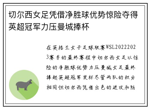 切尔西女足凭借净胜球优势惊险夺得英超冠军力压曼城捧杯