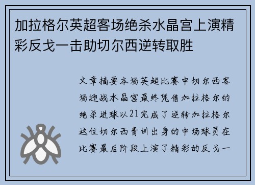 加拉格尔英超客场绝杀水晶宫上演精彩反戈一击助切尔西逆转取胜