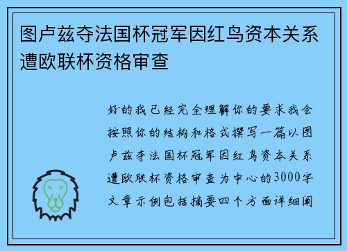 图卢兹夺法国杯冠军因红鸟资本关系遭欧联杯资格审查